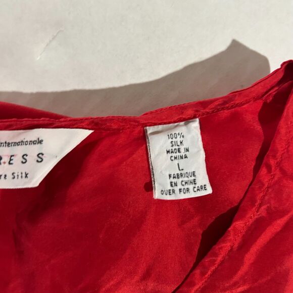 VTG Express, Women's SILK Cranberry Red Pleated Scoop Neck Button Down, sz L - Picture 4 of 5